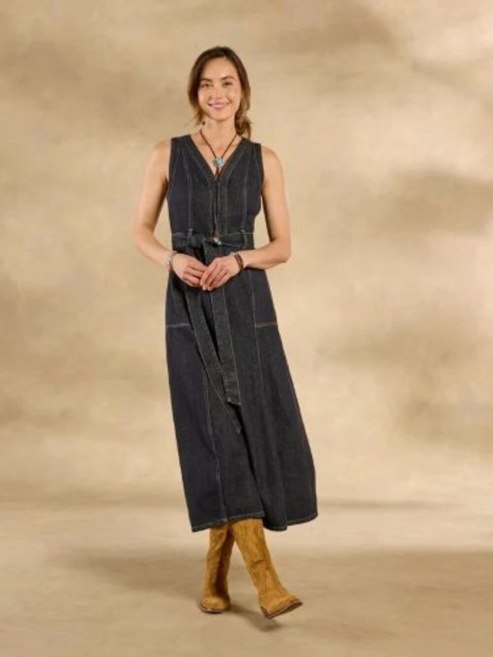 Sundance Poppy Denim Midi Dress 111396 Belted A-Line Pockets Boho NWT $168+